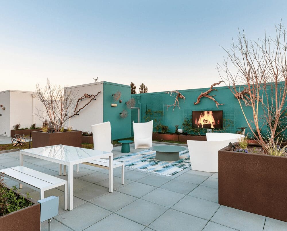White and blue-themed roof deck exteriors