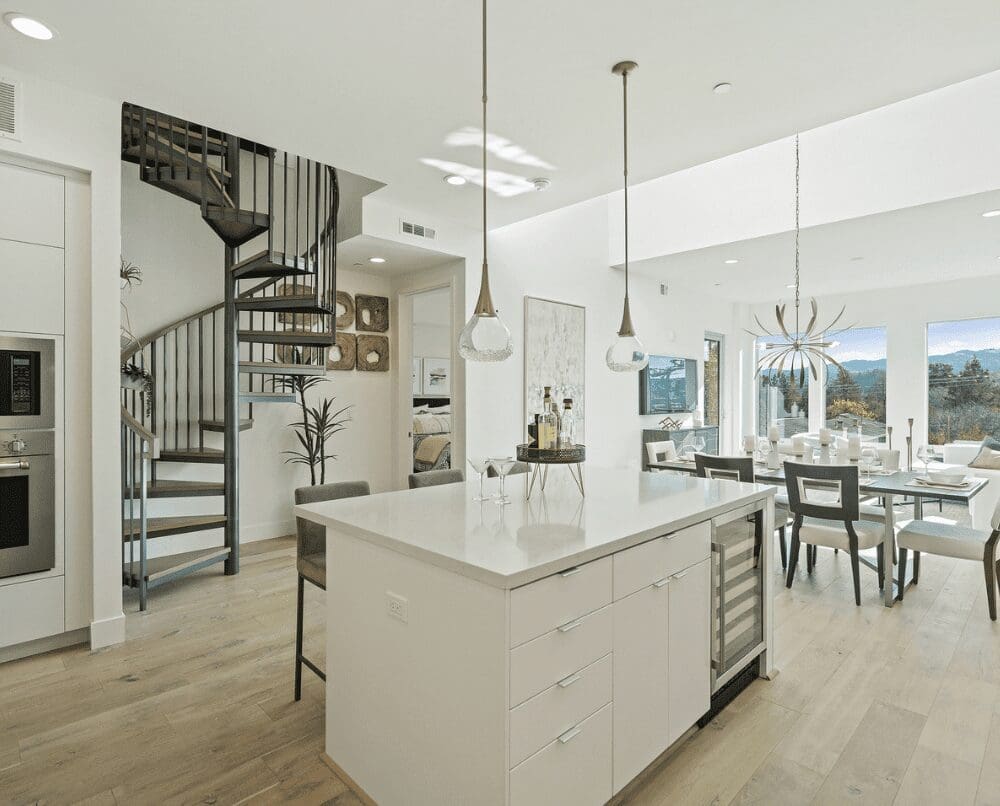White kitchen and dining interiors