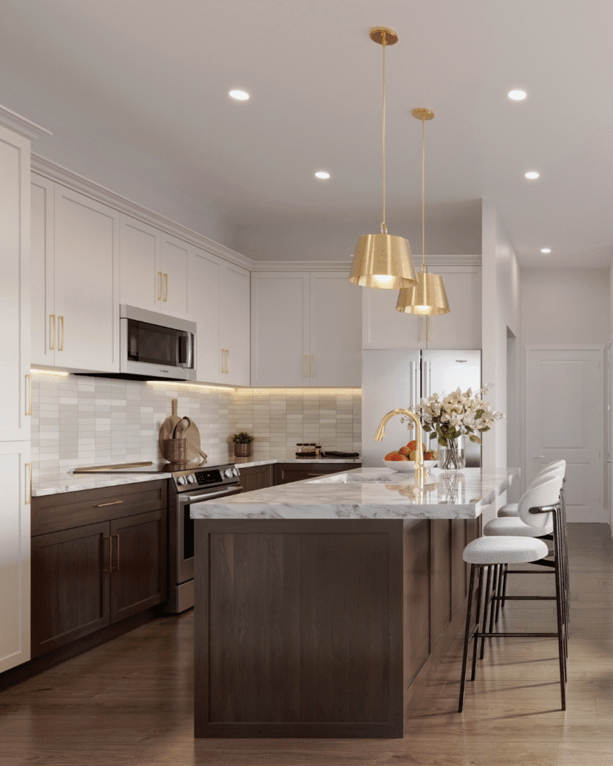 Modern kitchen with island and pendant lights.
