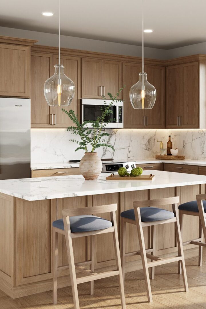 Modern kitchen with wooden cabinets and island.