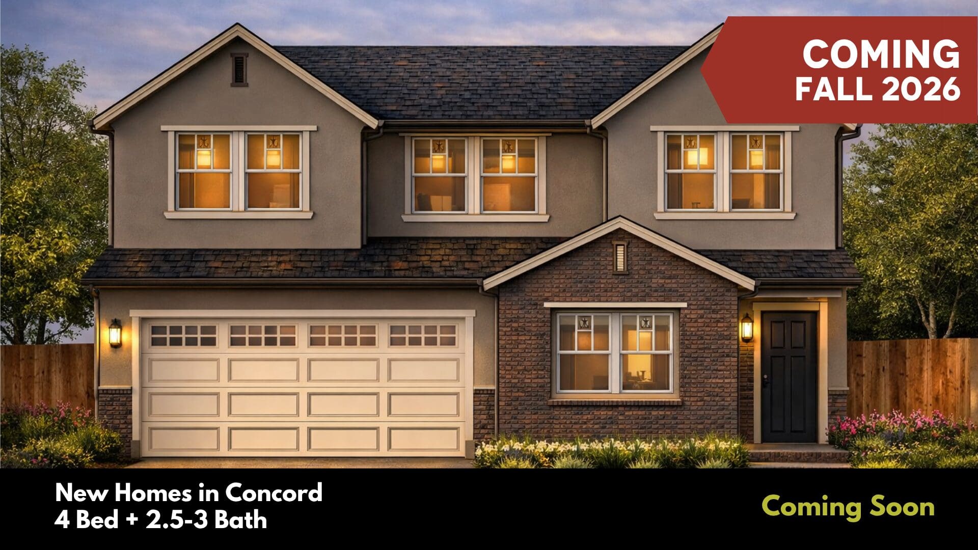 Evening view of two-story home and garage