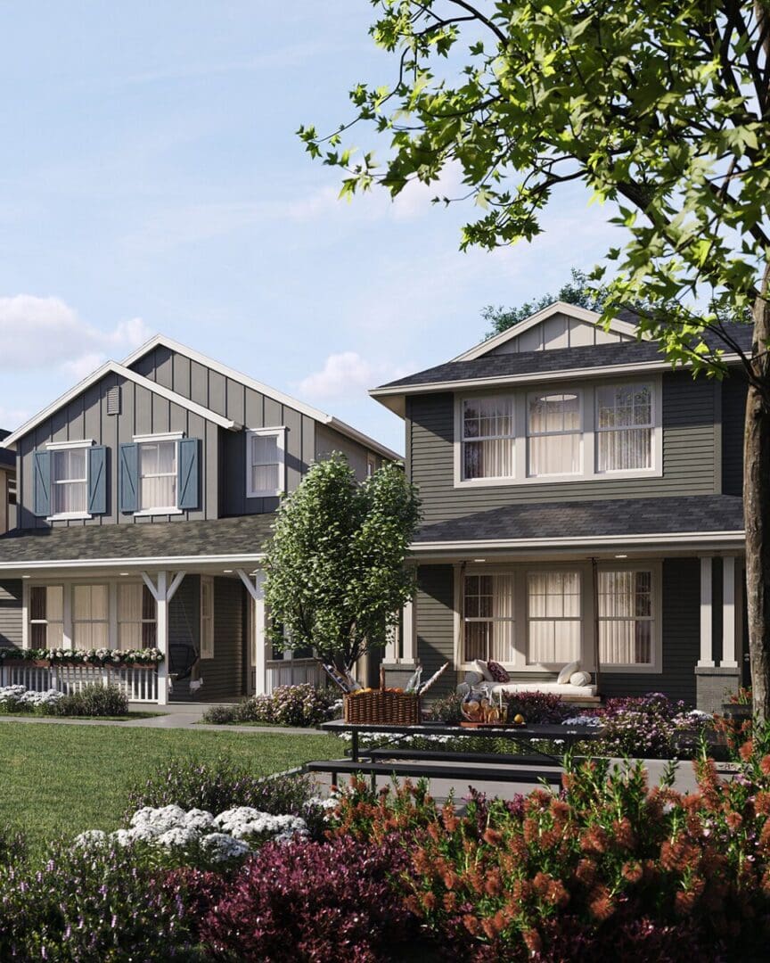 Two-story suburban homes with front porch gardens