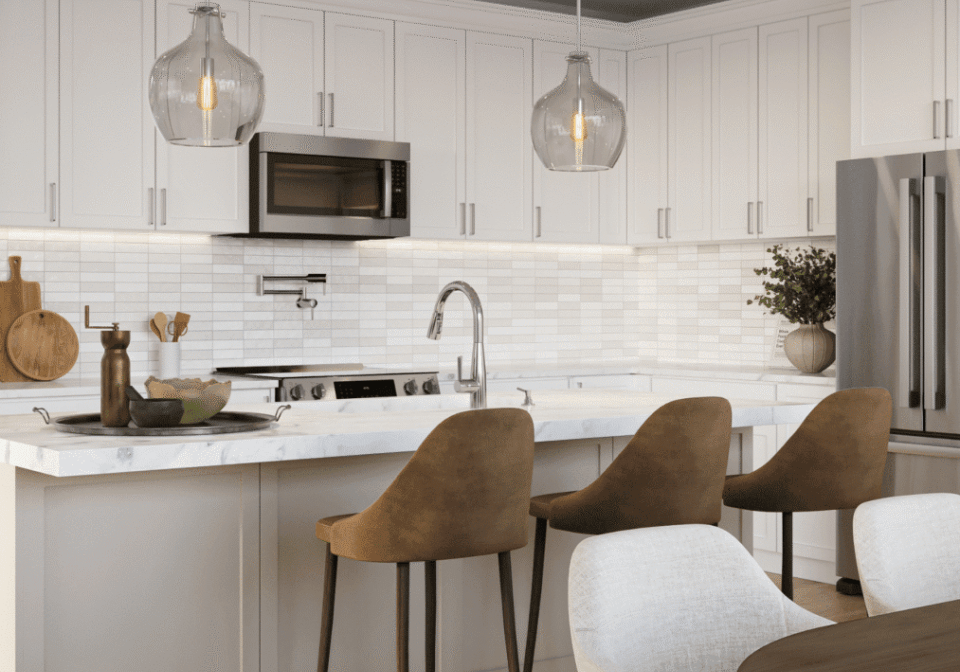 Modern kitchen with island and pendant lights. Modern kitchen with island and pendant lights.